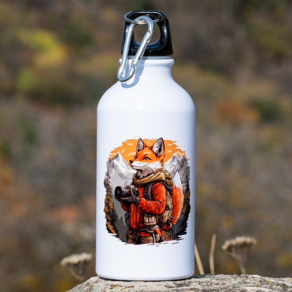 White aluminum water bottle with illustrated fox traveler and carabiner clip.