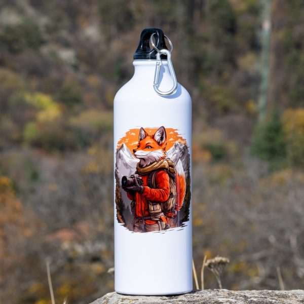 Large aluminum water bottle with a colorful illustration of a fox photographer standing in the mountains, with a carabiner attached to the cap.