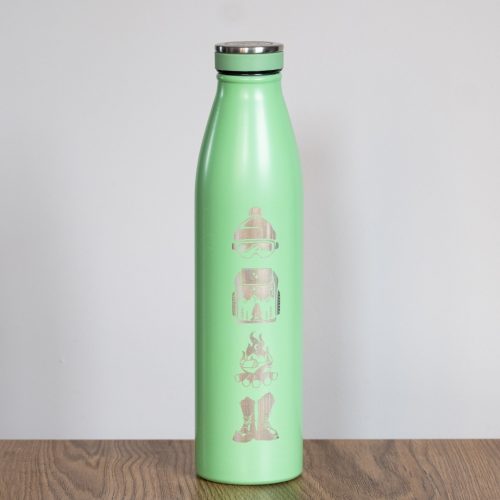 golyam-metalen-termos-za-ski Mint green 750ml insulated thermos with winter sports themed laser-engraved design.
