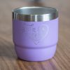 Purple mini insulated coffee cup with laser-engraved cat-themed heart and mountain design.