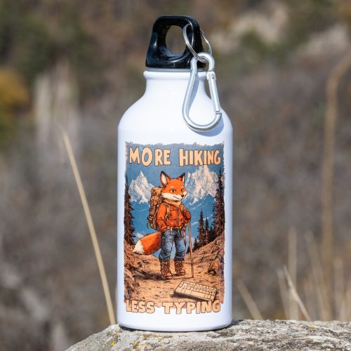 malka-butilka-za-dete "White aluminum bottle with hiking fox illustration and 'More Hiking Less Typing' design"