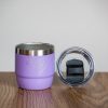 Purple mini insulated coffee cup with laser-engraved cat and heart design and magnetic lid.