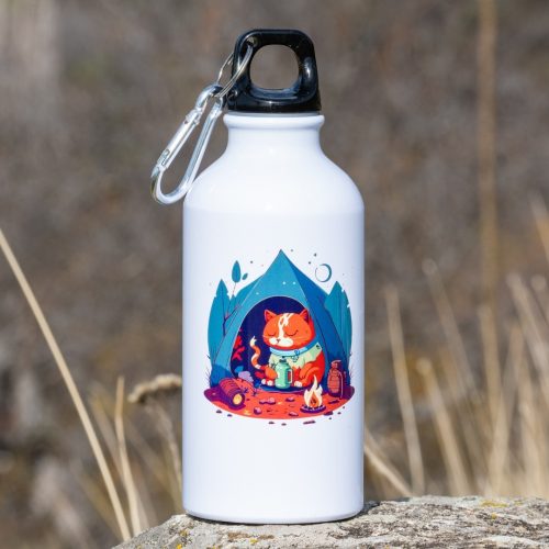metalna-butilka-s-kote White aluminum bottle with a black cap, carabiner, and a colorful illustration of a camping cat sitting inside a tent by a campfire.