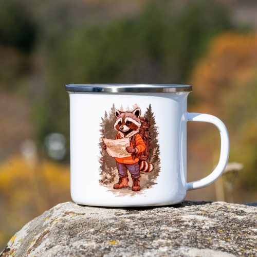 White enamel camping mug with illustrated raccoon traveler holding a map.