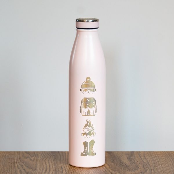 rozov-termos-za-ski Pink 750ml thermos with laser-engraved winter sports icons.