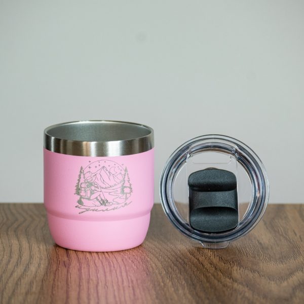 Pink mini insulated coffee cup with laser engraving and removable magnetic lid.