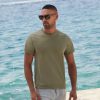 Man wearing olive green cotton t-shirt, promotional apparel suitable for custom printing and embroidery