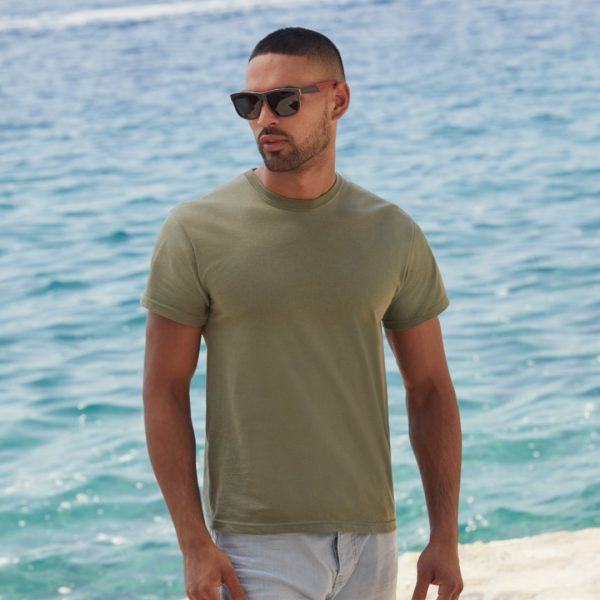 Man wearing olive green cotton t-shirt, promotional apparel suitable for custom printing and embroidery