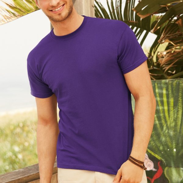 Man wearing purple cotton t-shirt, promotional apparel suitable for custom printing and embroidery