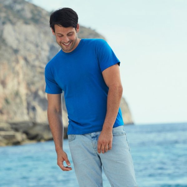 Man wearing royal blue cotton t-shirt, promotional apparel suitable for custom printing and embroidery