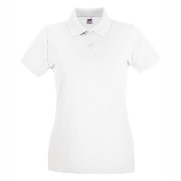 damska-byala-polo-teniska-100-pamuk-za-brandirane Women's white 100% cotton polo shirt for corporate workwear, branding, embroidery, DTF printing and promotional campaigns.