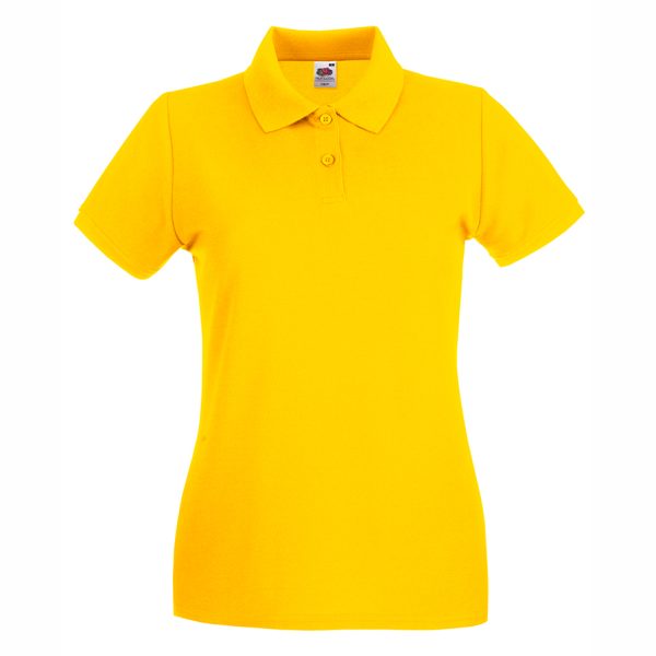 damska-zhalta-polo-teniska-100-pamuk-za-brandirane Women's sunflower yellow 100% cotton polo shirt for corporate workwear, branding, embroidery, DTF printing and promotional campaigns.