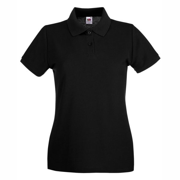 damska-cherna-polo-teniska-100-pamuk-za-brandirane Women's black 100% cotton polo shirt for corporate workwear, branding, embroidery, DTF printing and promotional campaigns.