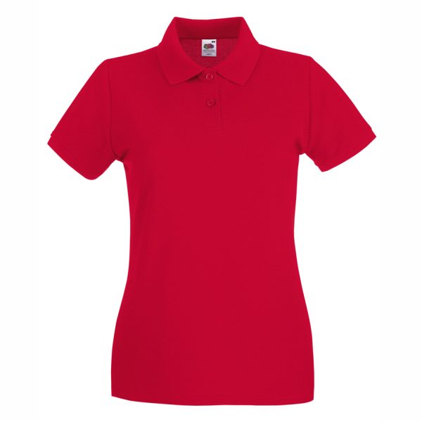 damska-chervena-polo-teniska-100-pamuk-za-brandirane Women's red 100% cotton polo shirt for corporate workwear, branding, embroidery, DTF printing and promotional campaigns.