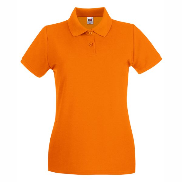 damska-oranzheva-polo-teniska-100-pamuk-za-brandirane Women's orange 100% cotton polo shirt for corporate workwear, branding, embroidery, DTF printing and promotional campaigns.