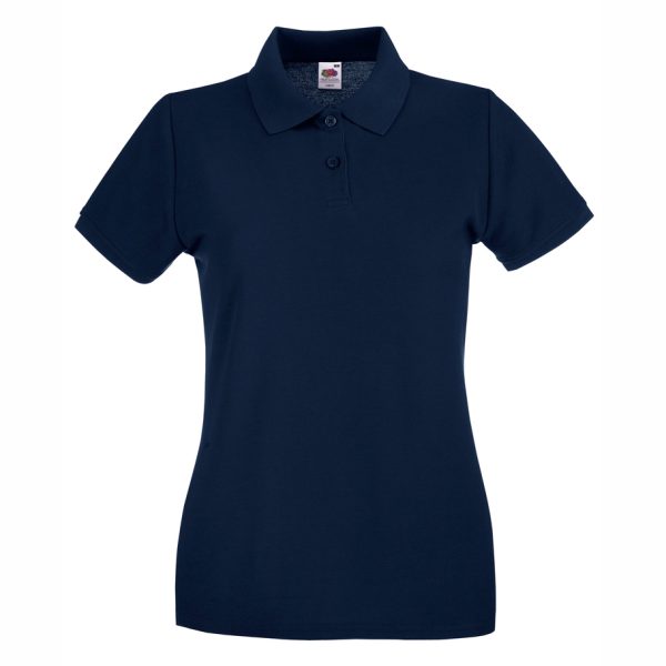 damska-deep-navy-polo-teniska-100-pamuk-za-brandirane Women's Deep Navy 100% cotton polo shirt for corporate workwear, branding, embroidery, DTF printing and promotional clothing.