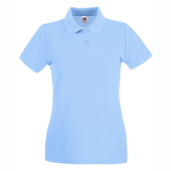 damska-sky-blue-polo-teniska-100-pamuk-za-brandirane Women's Sky Blue 100% cotton polo shirt with collar for corporate workwear, embroidery, DTF printing, branding and promotional apparel.