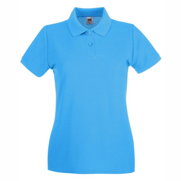 damska-azure-blue-polo-teniska-100-pamuk-za-brandirane Women's Azure Blue 100% cotton polo shirt with collar for corporate workwear, embroidery, DTF printing, branding and promotional apparel.