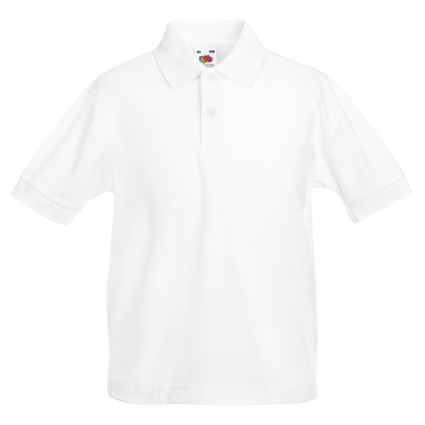detska-byala-polo-teniska-s-yaka-60-pamuk-40-poliester Kids' white polo shirt with collar made from 60% cotton and 40% polyester for school uniforms, embroidery, custom printing and team apparel.