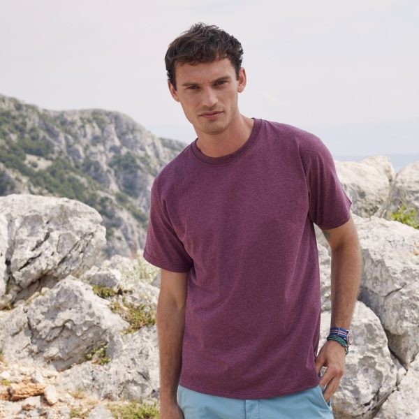 Man wearing burgundy heather cotton t-shirt, premium apparel for custom printing, embroidery and corporate branding