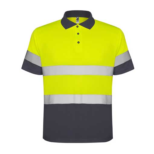 svetlootrazitelna-polo-teniska-gray-yellow-neon High visibility gray and fluorescent yellow polo shirt with reflective bands designed for safety workwear and industrial environments