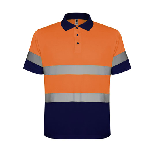 svetlootrazitelna-polo-teniska-orange-neon-navy High visibility orange and navy polo shirt with reflective bands designed for safety workwear and industrial environments