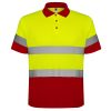 svetlootrazitelna-polo-teniska-red-yellow-neon High visibility yellow and red polo shirt with reflective bands designed for safety workwear and outdoor industrial use