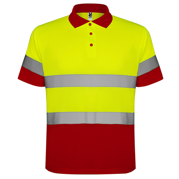 svetlootrazitelna-polo-teniska-red-yellow-neon High visibility yellow and red polo shirt with reflective bands designed for safety workwear and outdoor industrial use