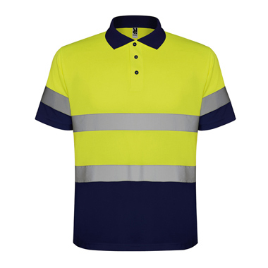 svetlootrazitelna-polo-teniska-yellow-neon-navy High visibility yellow and navy polo shirt with reflective bands designed for safety workwear and outdoor industrial use