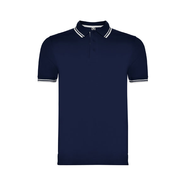 Premium men's deep navy cotton polo shirt with white contrast stripes on the collar and sleeves made from heavyweight 230 gsm cotton