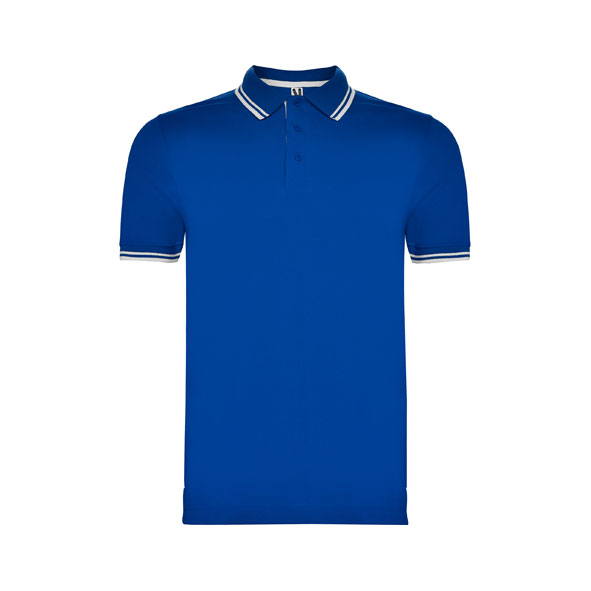 Premium men's royal blue cotton polo shirt with white contrast stripes on the collar and sleeves made from heavyweight 230 gsm cotton