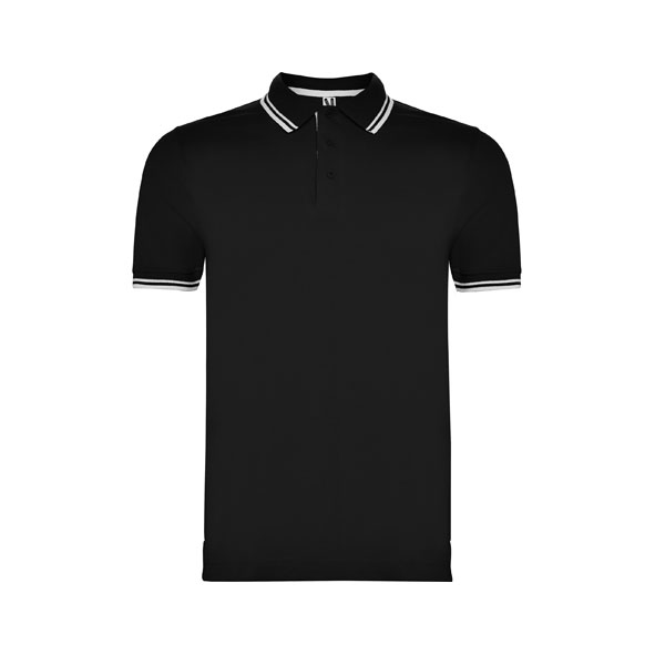 Premium men's black cotton polo shirt with white contrast stripes on the collar and sleeves made from heavyweight 230 gsm cotton