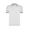 Premium men's white cotton polo shirt with navy contrast stripes on the collar and sleeves made from heavyweight 230 gsm cotton