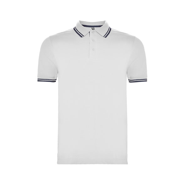 Premium men's white cotton polo shirt with navy contrast stripes on the collar and sleeves made from heavyweight 230 gsm cotton