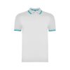 Premium men's white cotton polo shirt with turquoise contrast stripes on the collar and sleeves made from heavyweight 230 gsm cotton
