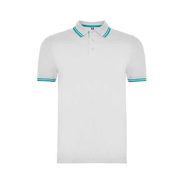 Premium men's white cotton polo shirt with turquoise contrast stripes on the collar and sleeves made from heavyweight 230 gsm cotton