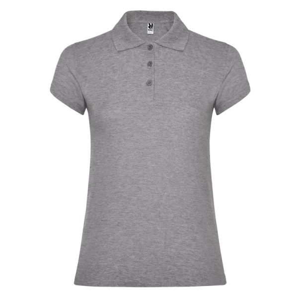 Women's heather grey cotton polo shirt 190 gsm for corporate workwear, branding, embroidery, DTF printing and promotional campaigns.