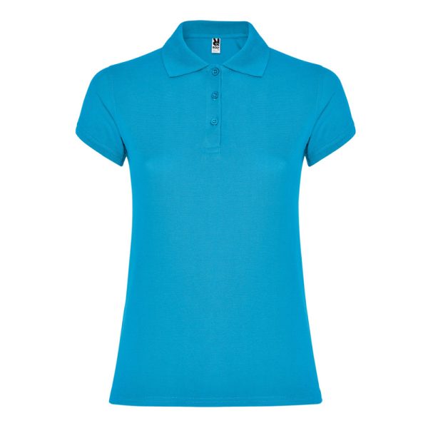 Women's azure blue cotton polo shirt 190 gsm for corporate workwear, branding, embroidery, DTF printing and promotional campaigns.