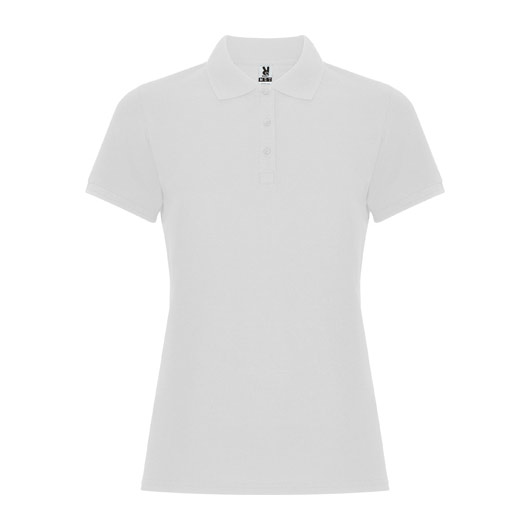 damska-byala-polo-teniska-pamuk-poliester-za-brandirane Women's white cotton polyester polo shirt for corporate workwear, branding, embroidery, DTF printing and promotional campaigns.