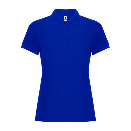 damska-kralskosinya-polo-teniska-pamuk-poliester-za-brandirane Women's royal blue cotton polyester polo shirt for corporate workwear, branding, embroidery, DTF printing and promotional campaigns.