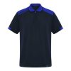 Navy and royal blue performance polo shirt made from 100 percent polyester with contrasting shoulder panels and sporty design