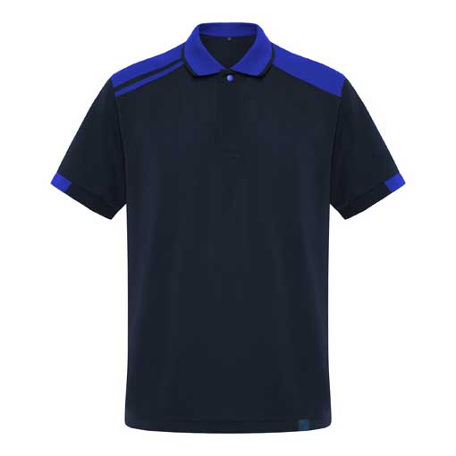 Navy and royal blue performance polo shirt made from 100 percent polyester with contrasting shoulder panels and sporty design