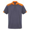 Light graphite and orange performance polo shirt made from 100 percent polyester with contrasting shoulder panels and sporty workwear design