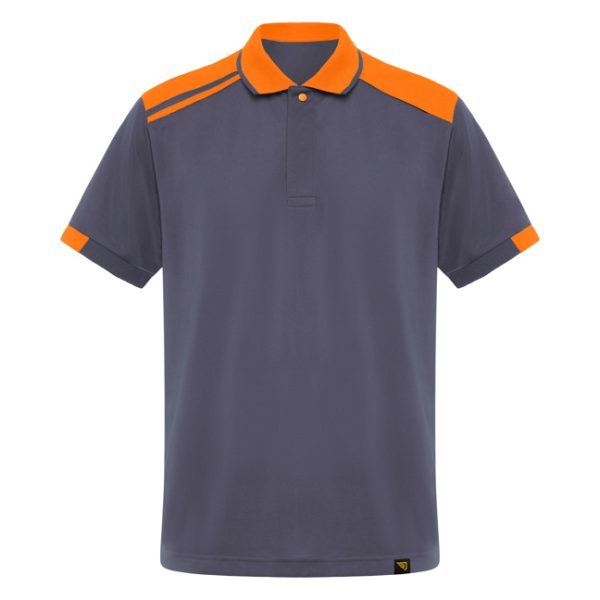 Light graphite and orange performance polo shirt made from 100 percent polyester with contrasting shoulder panels and sporty workwear design
