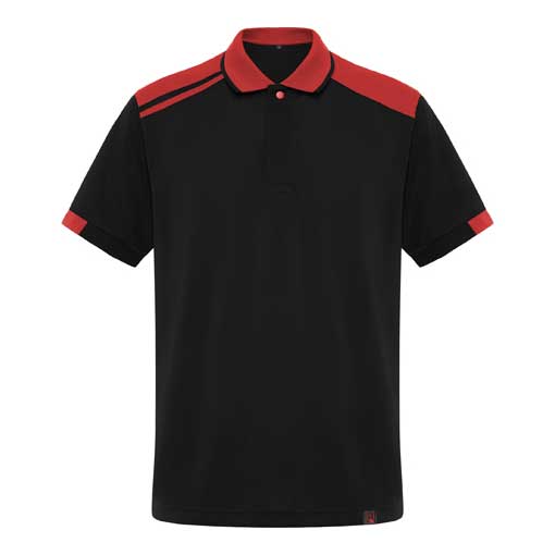 Black and red performance polo shirt made from 100 percent polyester with contrasting shoulder panels and sporty workwear design