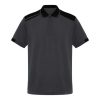 Dark gray and black performance polo shirt made from 100 percent polyester with contrasting shoulder panels and sporty workwear design
