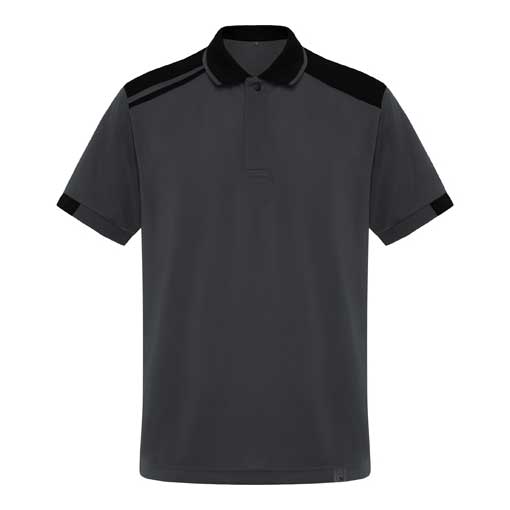 Dark gray and black performance polo shirt made from 100 percent polyester with contrasting shoulder panels and sporty workwear design