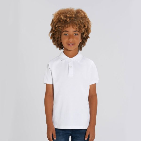 Kids' White polo shirt with collar made from 100% organic cotton, ideal for school uniforms, embroidery, custom printing and eco-friendly children's clothing.