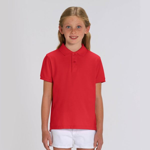 Kids' Red polo shirt with collar made from 100% organic cotton, ideal for school uniforms, embroidery, custom printing and eco-friendly children's clothing.