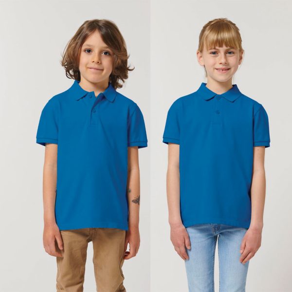 Kids' Royal Blue polo shirt with collar made from 100% organic cotton, ideal for school uniforms, embroidery, custom printing and eco-friendly children's clothing.